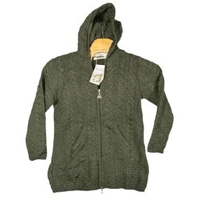 NWT Aran Crafts 100% Wool Long Cable Knit Full Zip Coat Army Green Size Medium